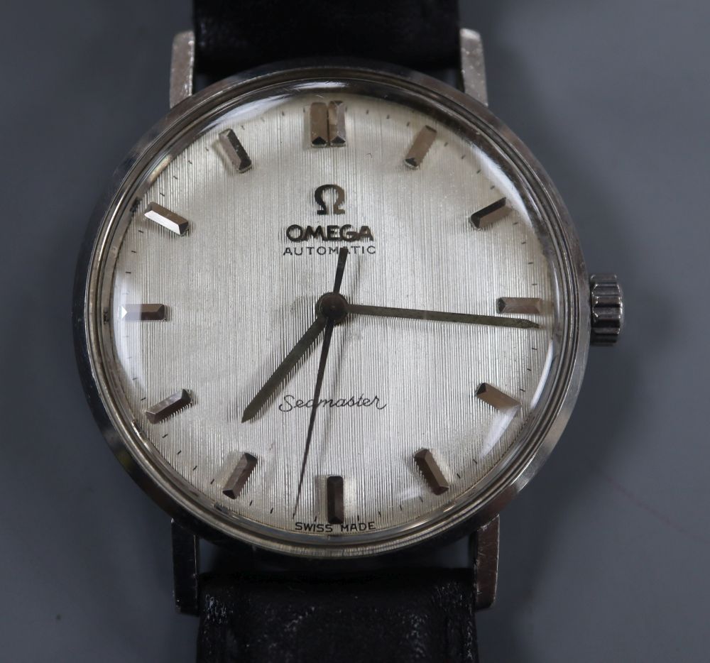 A gentlemans stainless steel Omega Seamaster Automatic wrist watch, on later associated leather strap.